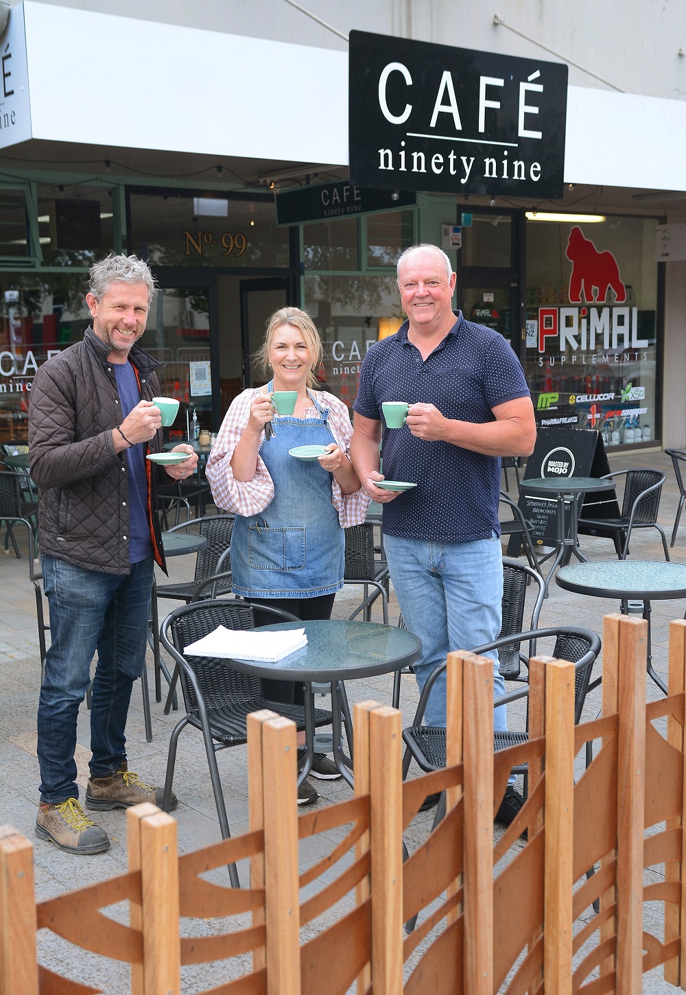 From left: Landscape Architect Fraser Scott with Café Ninety Nine owners Kay McGeough and Darren Edge.